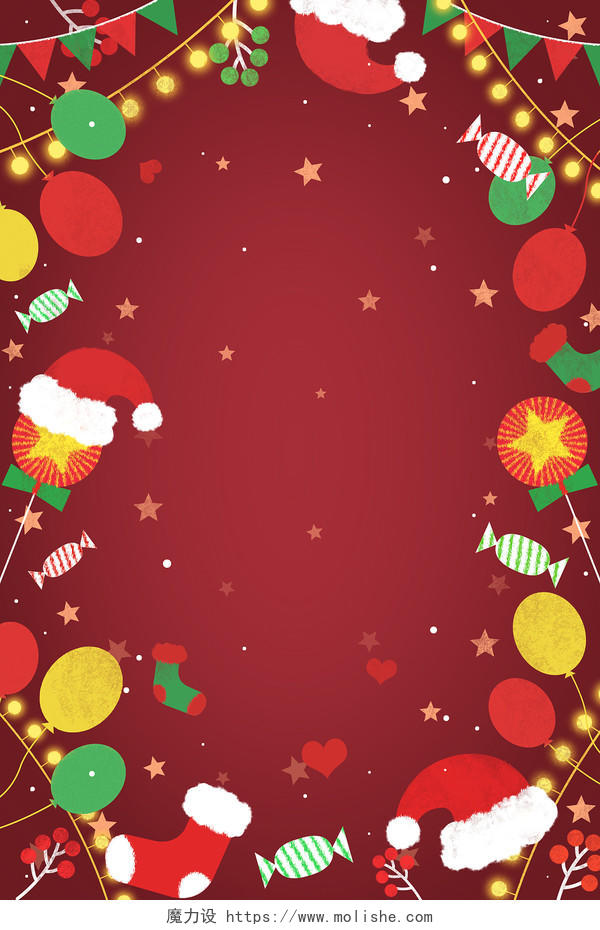 红色手绘圣诞帽礼物气球糖果袜子插画背景素材圣诞节